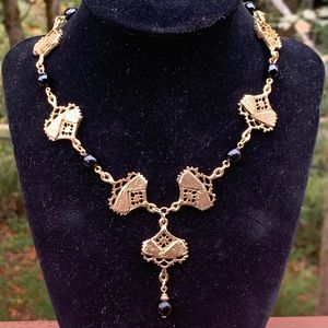 Kala Tibetan Gold Plate & Onyx Lariat Necklace